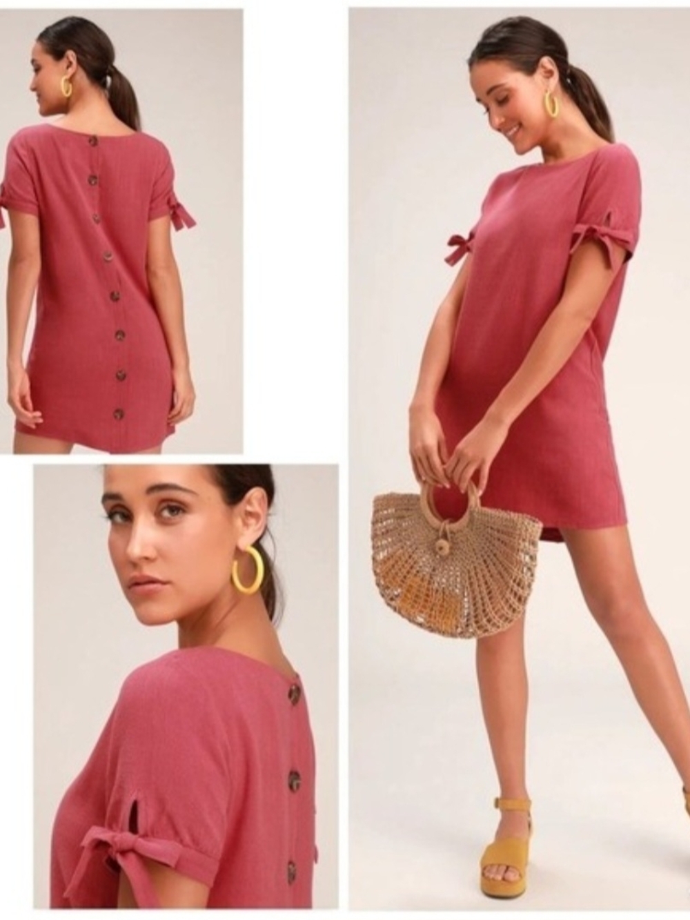 Lulu's Linen Blend Rust Red Tie-Sleeve Shift Dress with Back Buttons